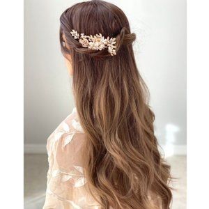 Bridal Wedding Bride Gold Rhinestone Hair piece Comb leaves flower